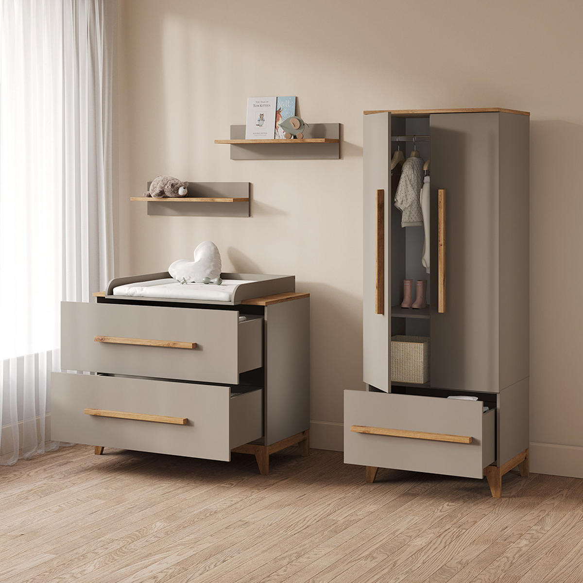 KINDERKLEIDERSCHRANK Mailo Kašmir/Obrtnički rad 70 x 186.8 cm s klupom - boje kašmira/hrast Artisan, drvni materijal (70/186.8/53.4cm) - Livinity®