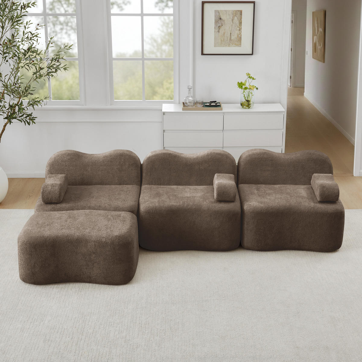 3-SITZER ECKSOFA Samt Braun mit Hocker - Braun, Textil (288/167cm) - WISHDOR