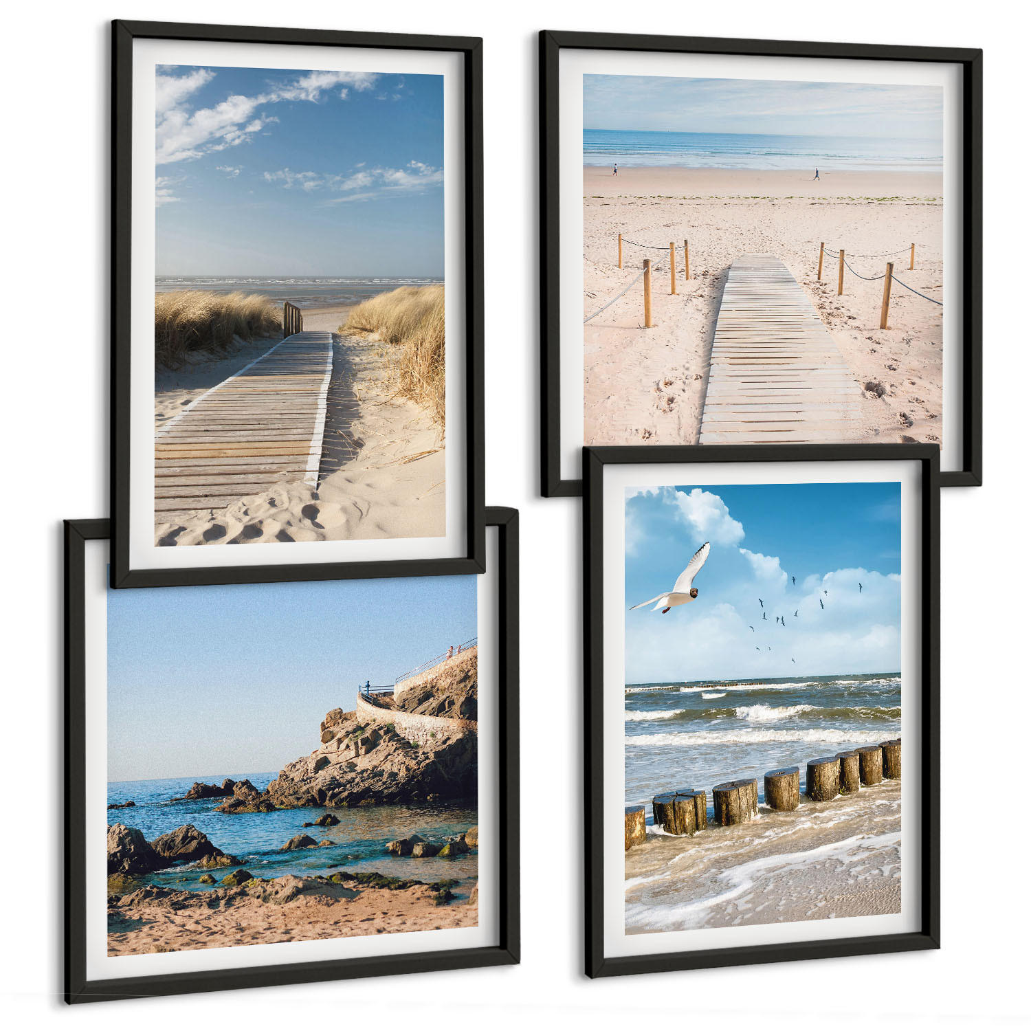 BILDER SET 4er Set - 50x50 cm & 40x60 cm Schwarzer Rahmen - Strand, Sand, Wellen, Himmel, Vögel - Schwarz, Kunststoff (50/50cm) - TULUP