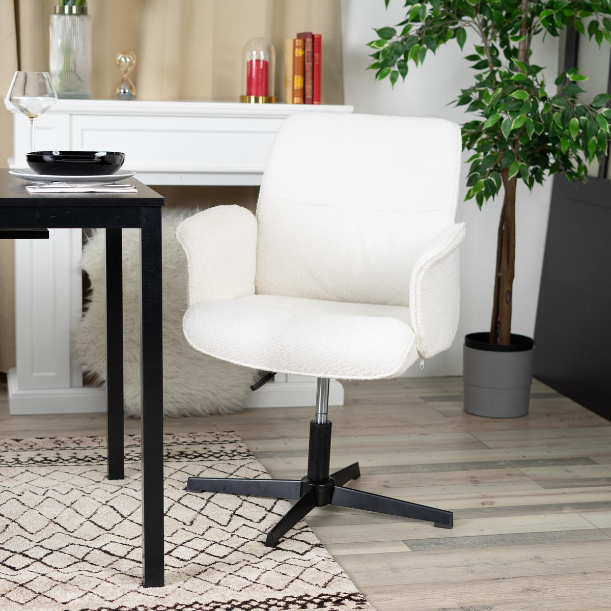 DREHSTUHL in Eisen Bouclé - Weiß, Metall (63/94/66cm) - Meubles Cosy