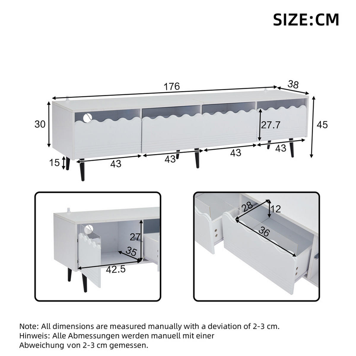 TV-SCHRANK 176 cm mit Schubladen und Schränken für TV bis 75 Zoll - Weiß, Holz (44.93/45/97.56cm) - FLIEKS
