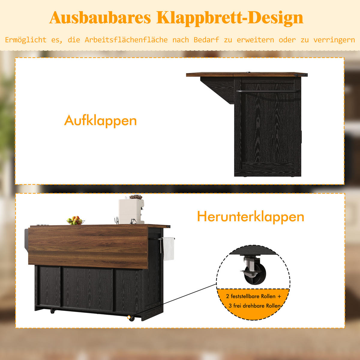 KÜCHENINSEL Küchenwagen Ausziehbare Arbeitsplatte - Schwarz, Holzwerkstoff (120.2/91.5/45.3cm) - FLIEKS