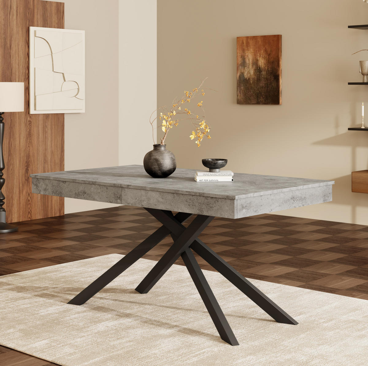 ESSTISCH 140/180/80 cm in Grau, ausziehbar mit gekreuztem Metallgestell - Grau, Holzwerkstoff (180/80/76cm) - Flora Grace