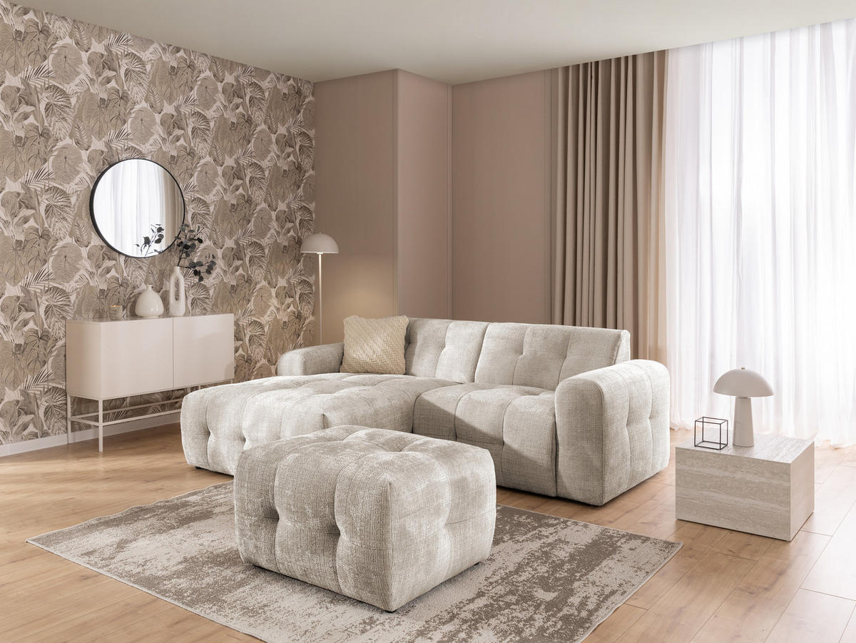 ECKSOFA inkl. Hocker Kozy im Bumpy-Design mit Schlaffunktion und fester Rückenlehne aus weichem Dunkelbeige Chenille-Stoff - Ottomane links - Beige/Schwarz, Holz/Kunststoff (161/234cm) - S-Style Möbel