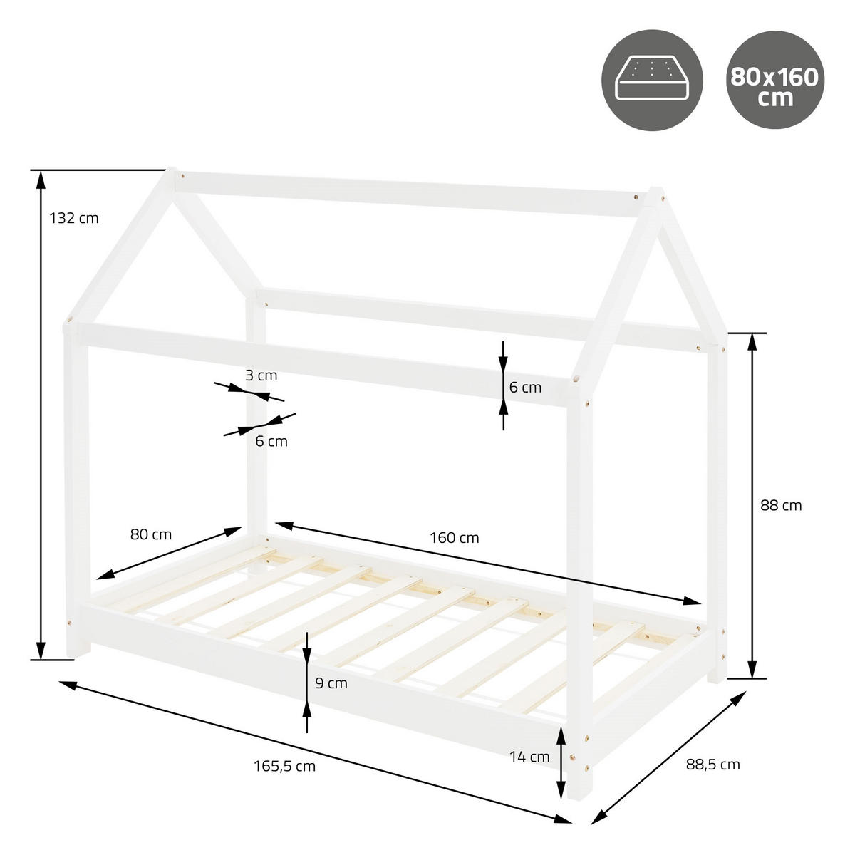 KINDERBETT mit Dach und Matratze 80x160 cm Weiß - Weiß, Holz (80/160cm) - ML-DESIGN