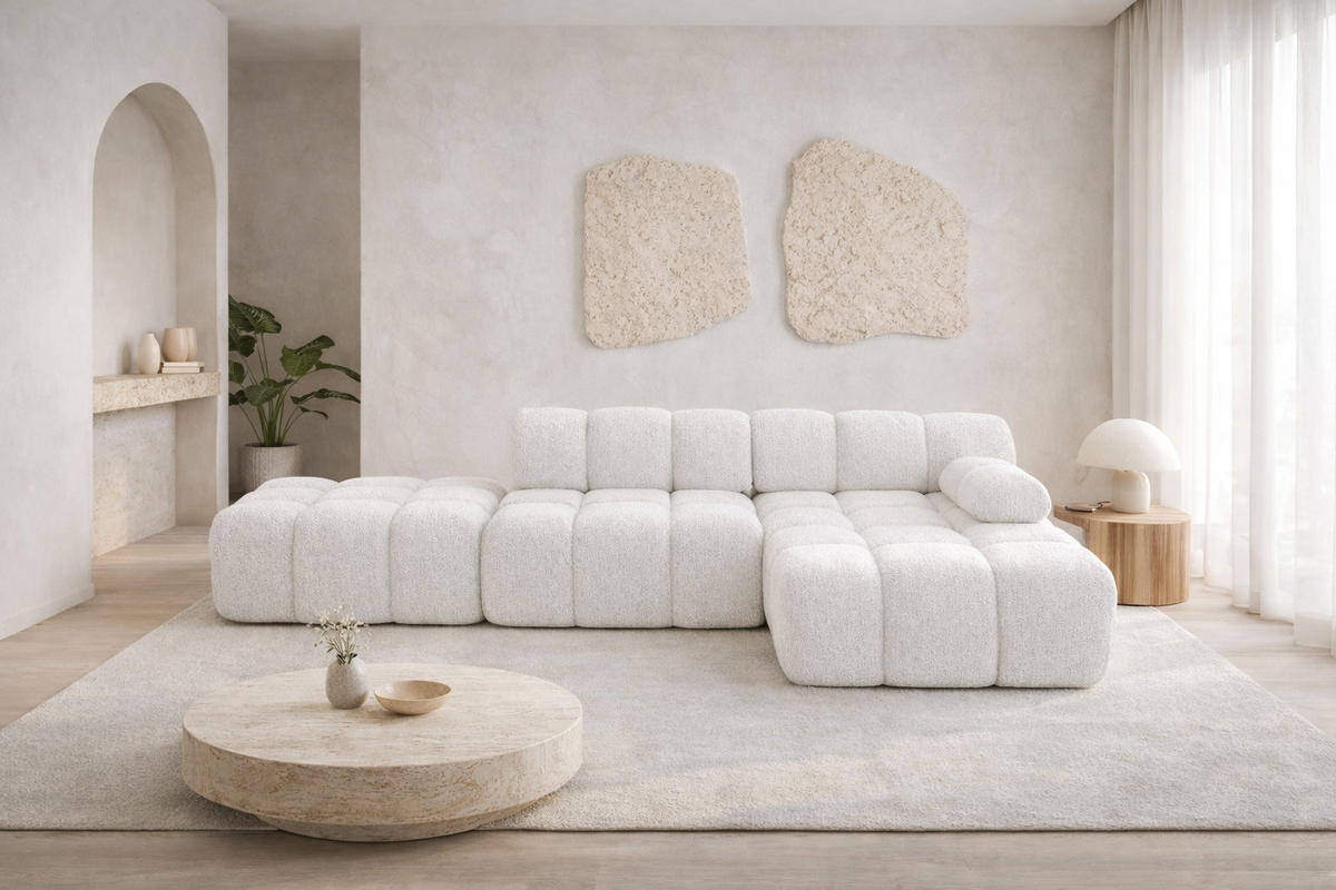 ECKSOFA L-Form Modular Mit Hocker, Bouclé-Stoff Abriamo, Ecru, Rechts, Selia - Ecru, Holz (285/160cm) - Kaiser Möbel