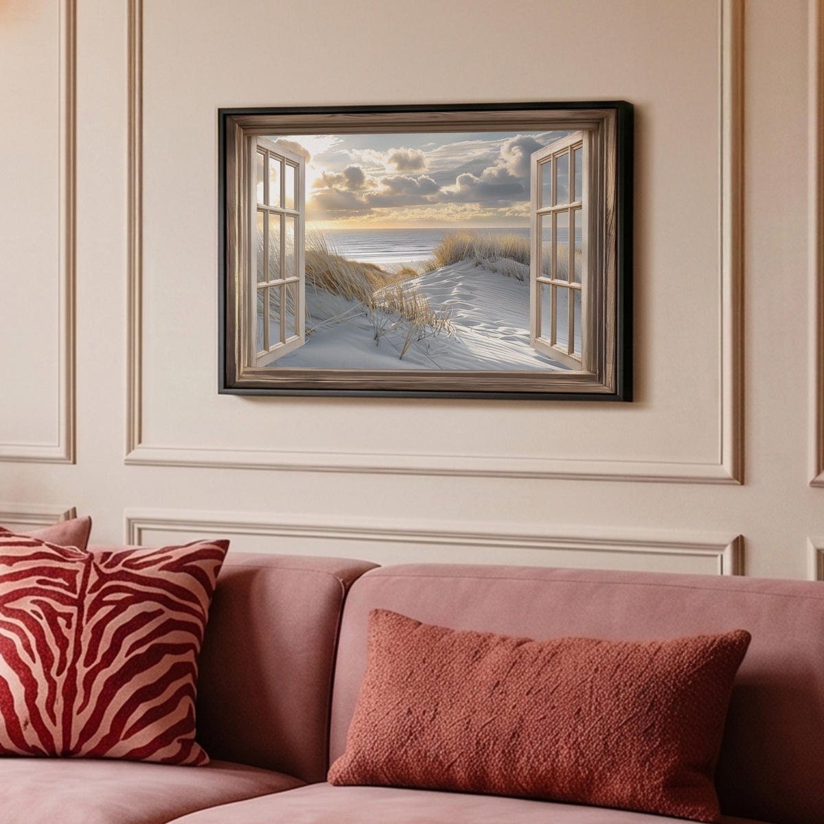 LEINWAND Bilder mit Rahmen - Ausblick - Strand - Dünen - Meer - Natur - 60x40 - Sandfarben, Textil (60/40cm) - MuchoWow