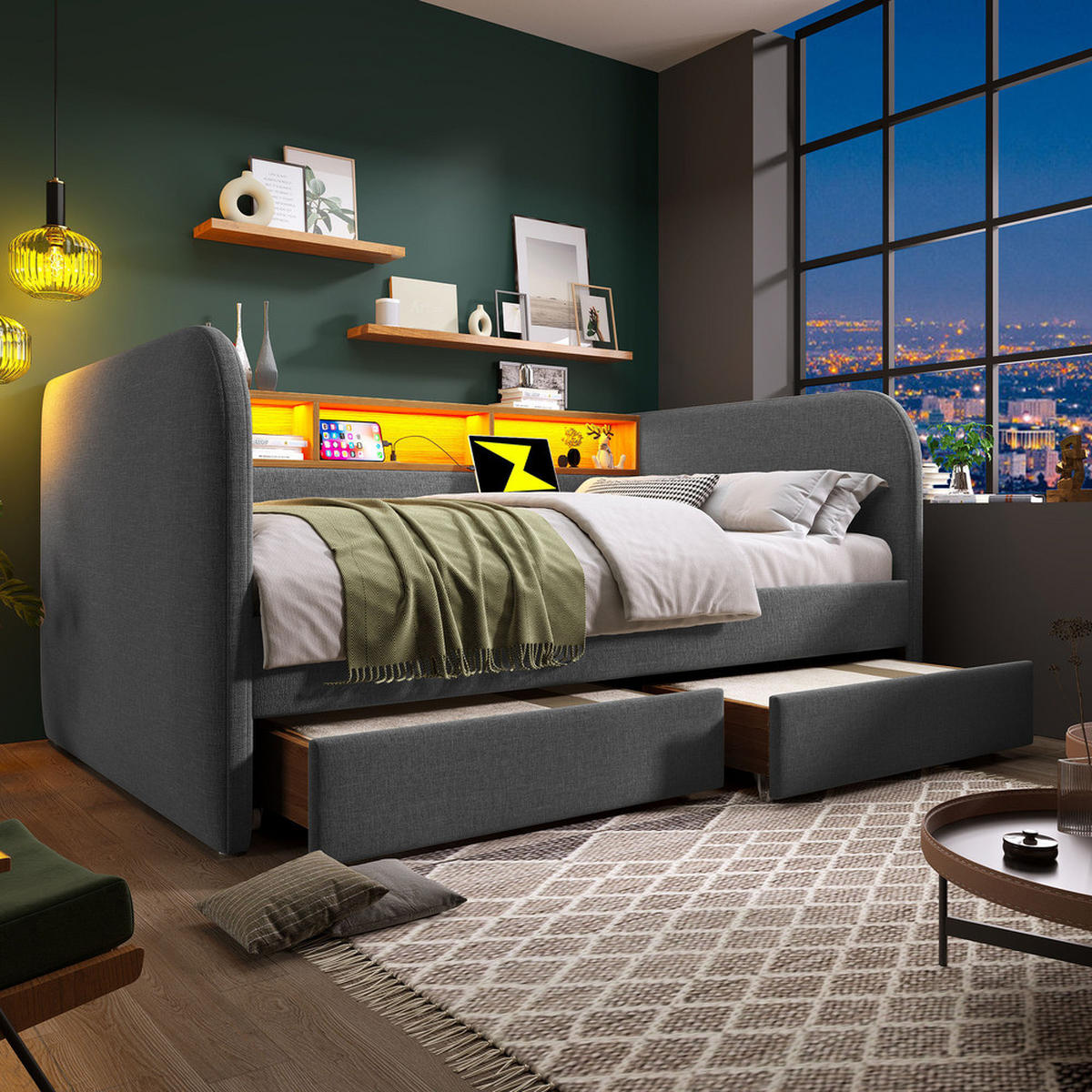 TAGESBETT 140x190cm Schlafsofa mit LED & USB-C 2 Schubladen Grau - Grau, Holz (140/190cm) - FLIEKS