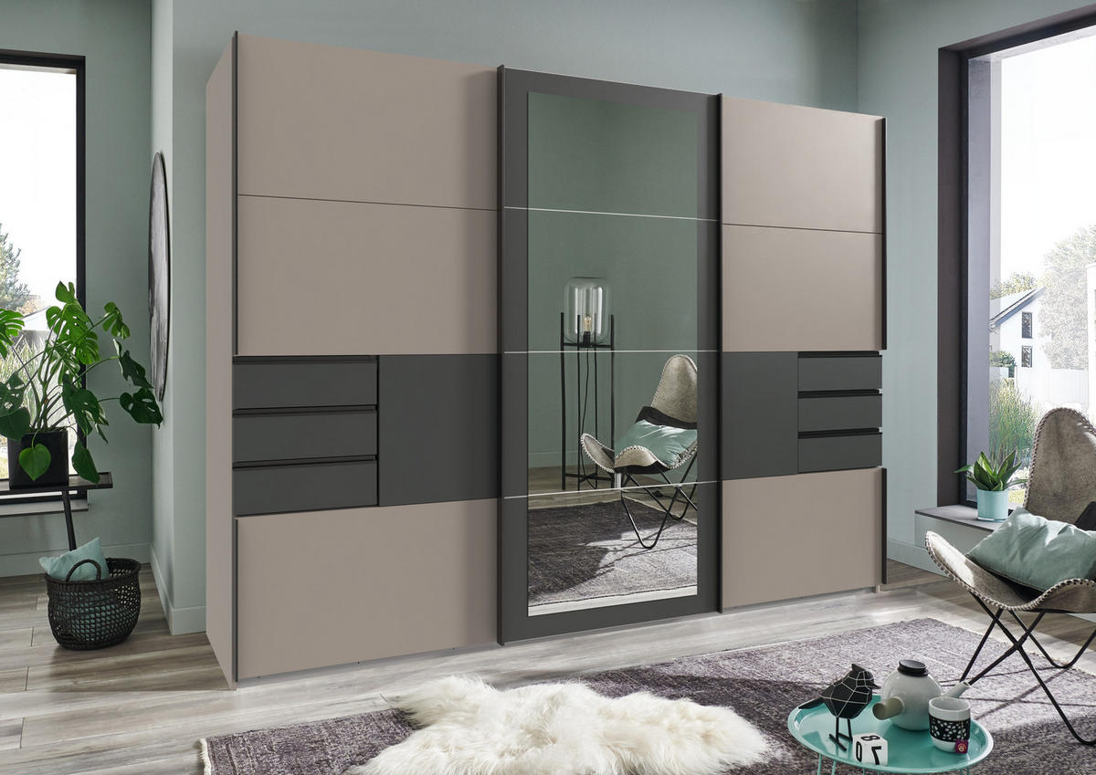 SCHWEBETÜRENSCHRANK 3-türig mit Spiegel, Schubladen, Vollausstattung in Sand Grau mit Absetzungen in Grafit, B270/H208/64 cm / 22507 - Sandfarben/Schwarz, Holzwerkstoff/Metall (270/208/64cm) - luma-home