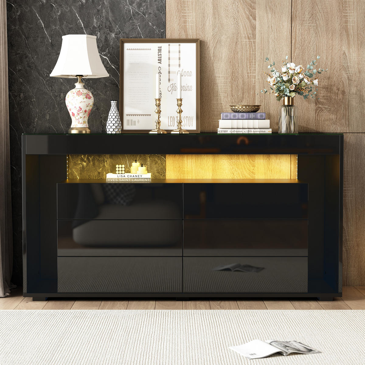 SIDEBOARD, 6 Schubladen, LED, Glasplatte, Hochglanz, Schwarz - Schwarz, Holzwerkstoff (40/70/140cm) - FLIEKS