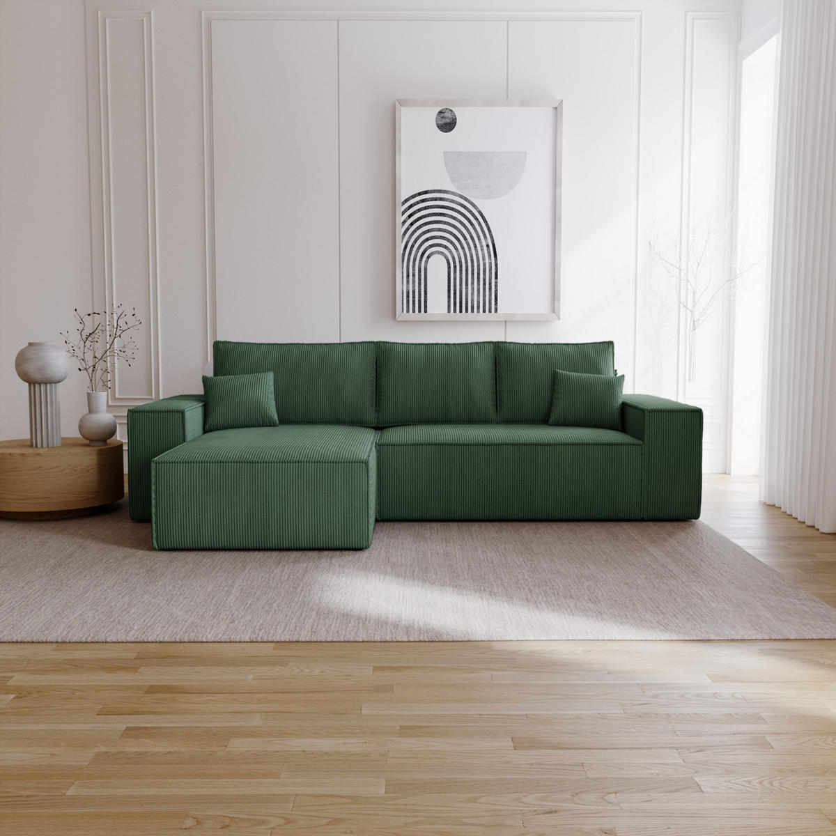 ECKSOFA Bergamo L mit Cordstoff, 280 cm, Schlaffunktion, Links - Grün - Grün, Holz (277/189cm) - Emporius