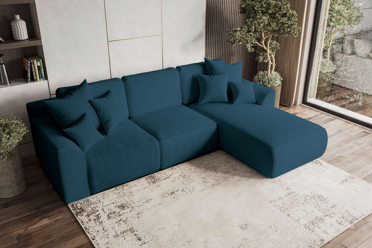 ECKSOFA GUSTO Cordstoff Blau Rechts inkl. Schlaffunktion - Blau/Chromfarben, Kunststoff/Textil (295/194cm) - 99rooms