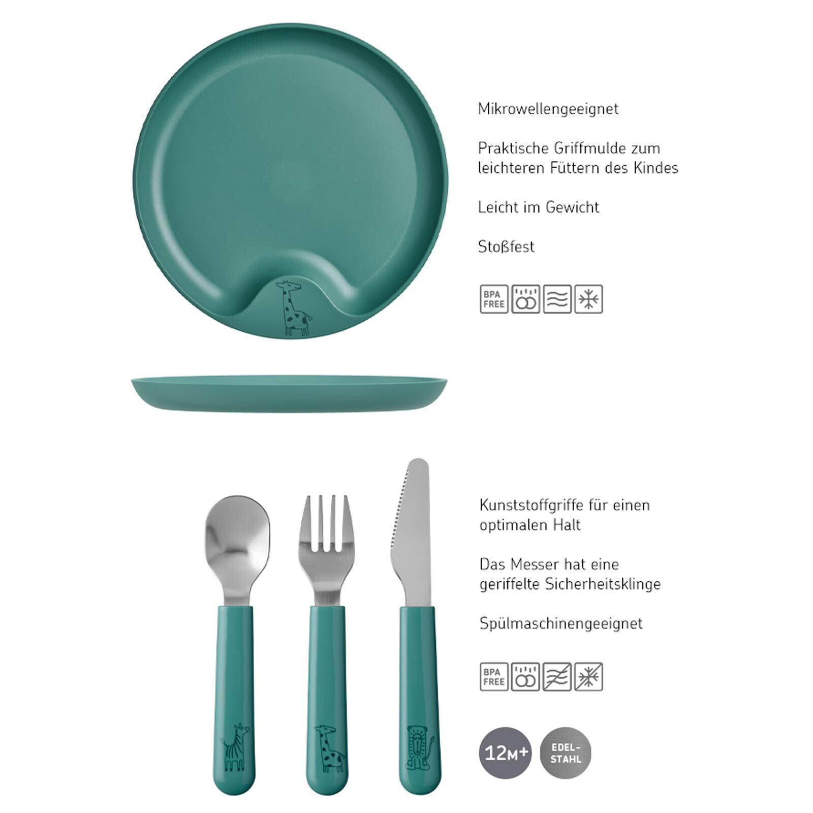 KINDERTELLER MIT BESTECK Mio deep turquoise ø 22 cm - Türkis, Kunststoff (22/2/22cm) - Mepal