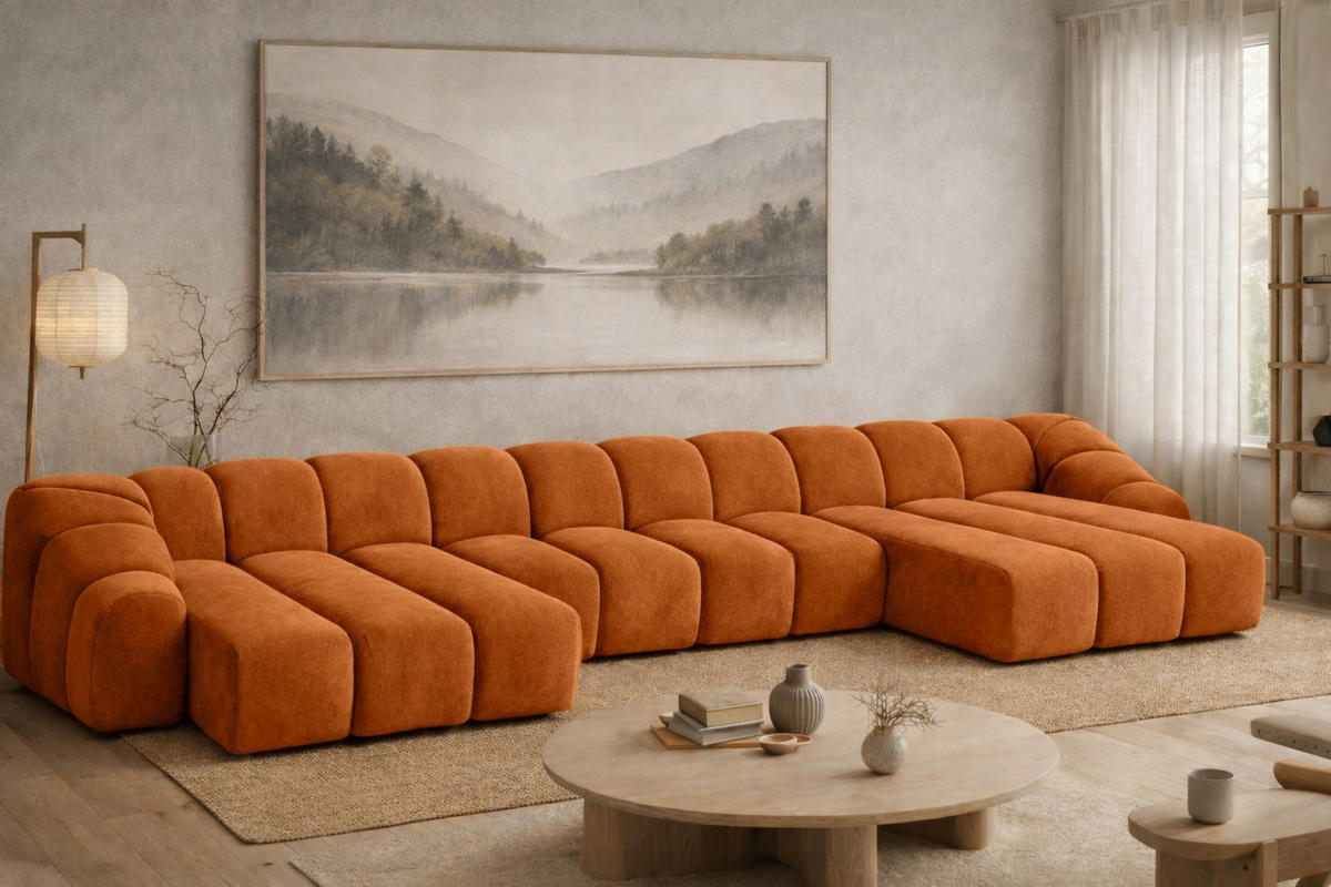 ECKSOFA Modulare U-Form, Veloursstoff Bluvel, Zimtfarbe, CROISSANT U XL - Orange, Holz (448/72/190cm) - Kaiser Möbel