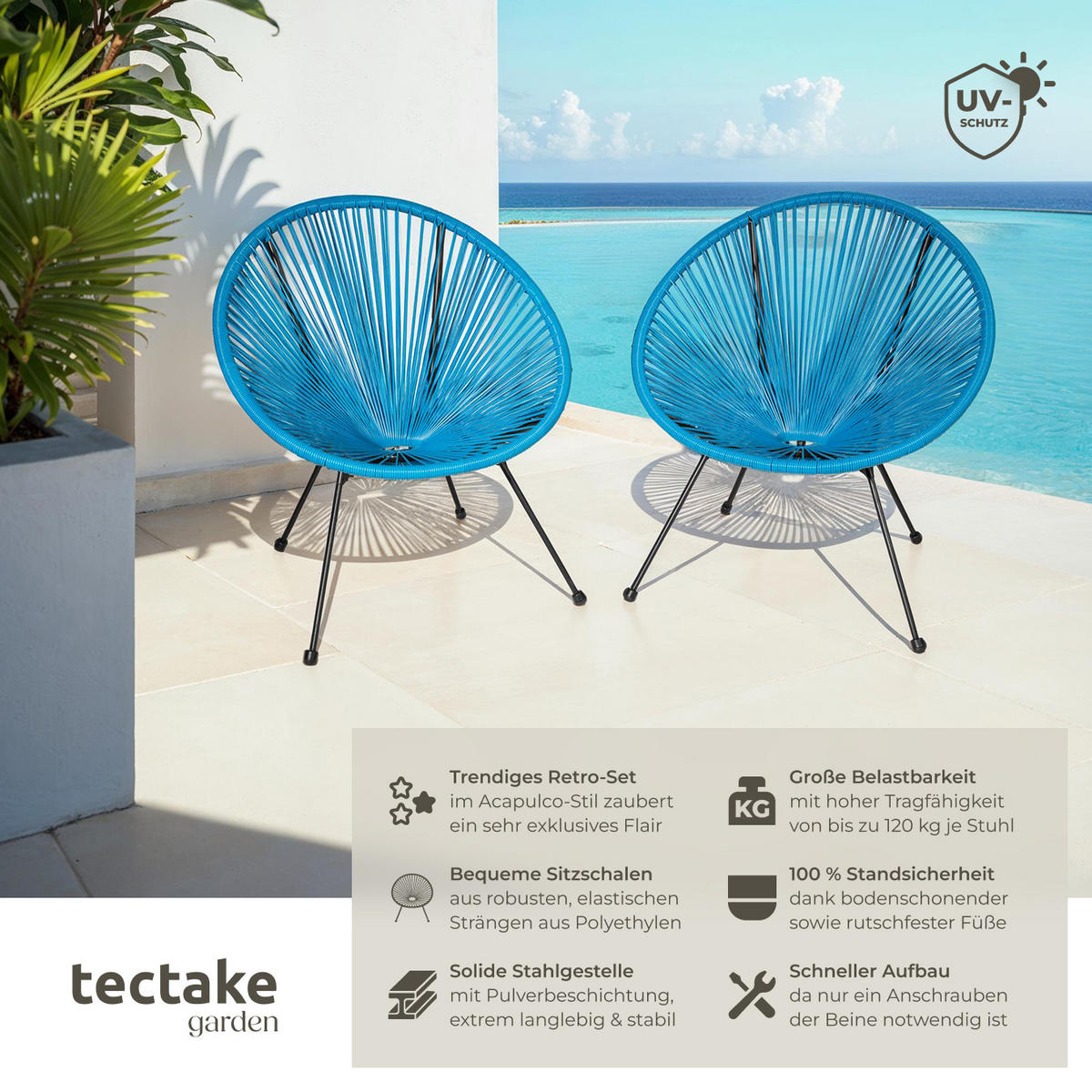 GARTENSTUHL 2er Set Santana, Belastbarkeit 120 kg, 70,5 x 69 x 78 cm, blau - Blau/Schwarz, Metall (70.5/78/69cm) - tectake