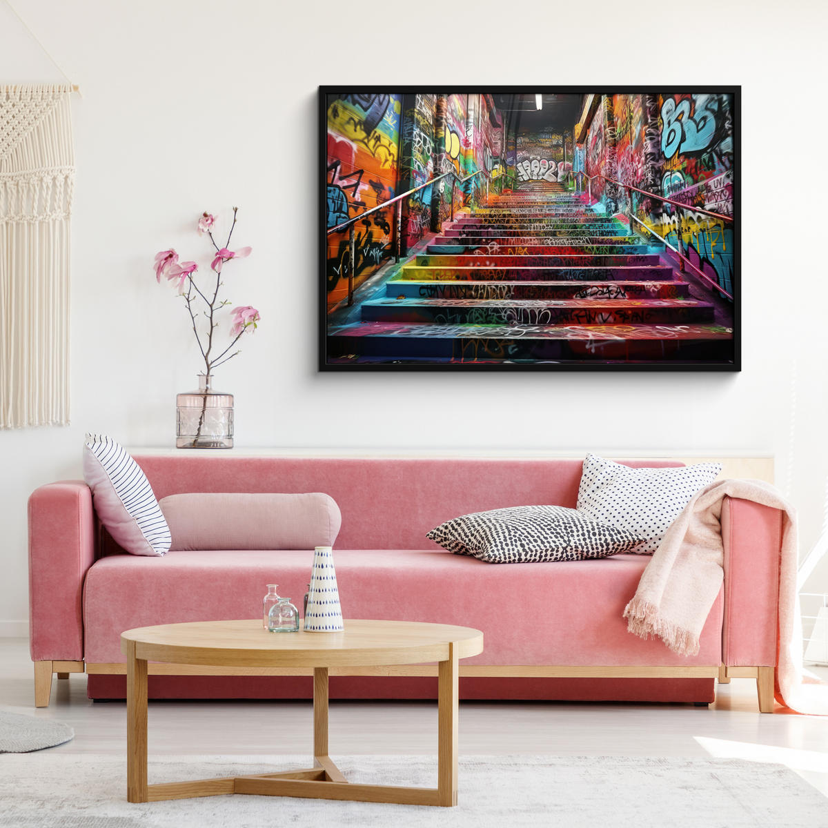 POSTER MIT RAHMEN Treppe - Graffiti - Farben - Kunst 120x80 cm - Multicolor, Papier (120/80cm) - MuchoWow