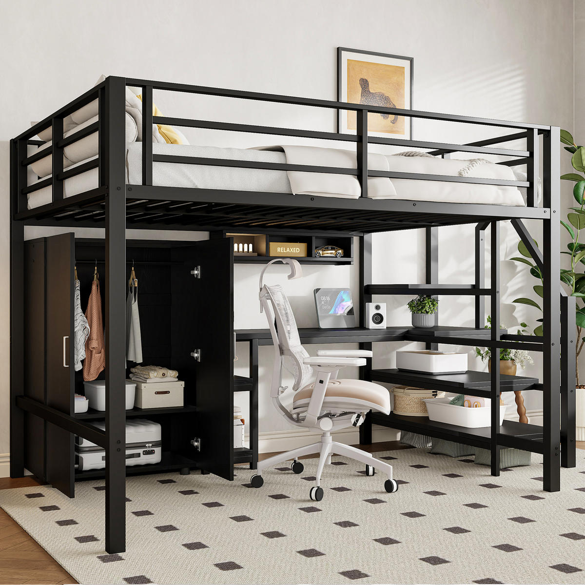 HOCHBETT 140/200 cm Schwarz aus Metall und MDF mit Schreibtisch - Schwarz, Metall (140/200cm) - OKMYHOME