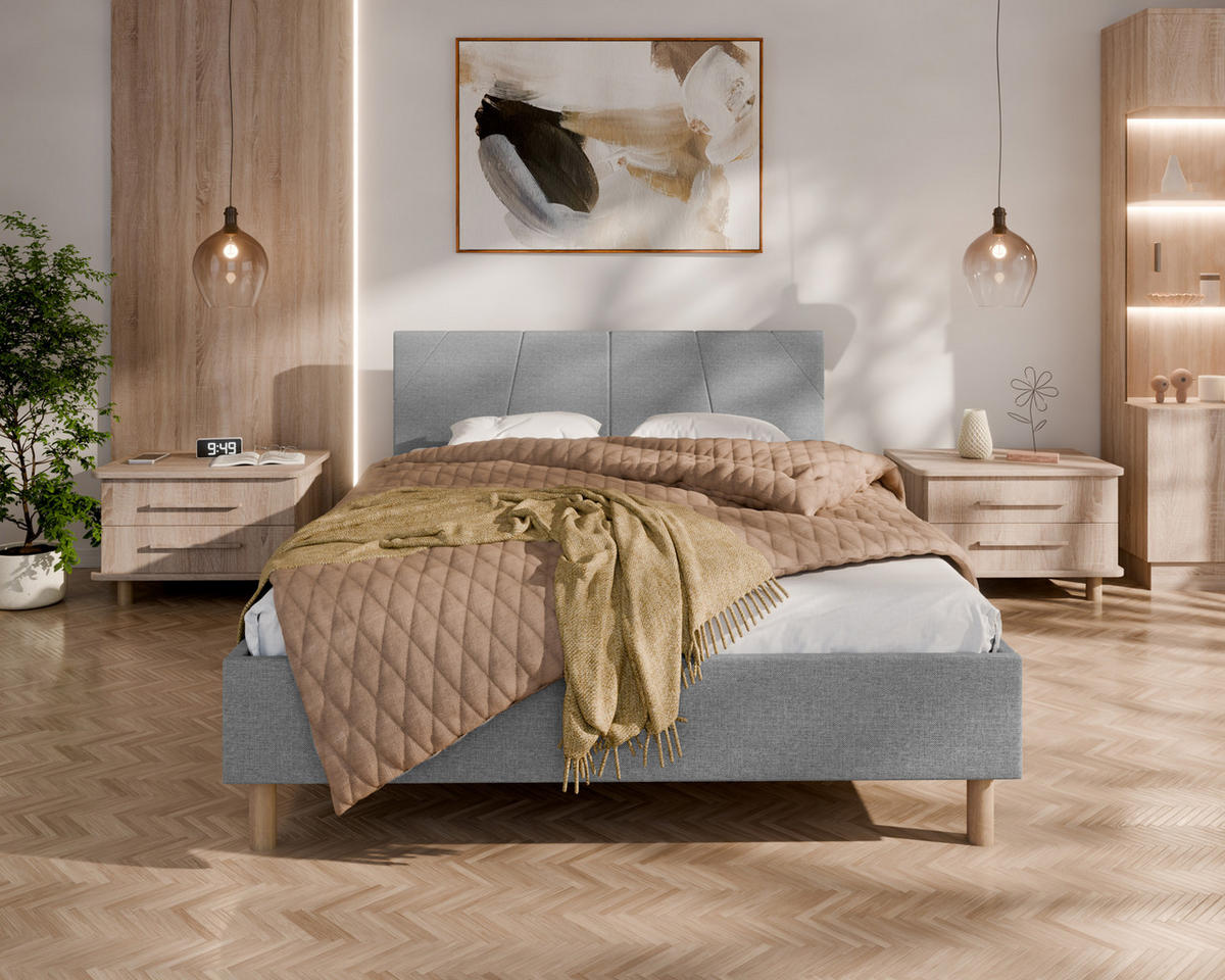 POLSTERBETT ALMORE 140x200cm Elegantes Polsterbett für modernen Wohnstil , 7-Zonen-Taschenfederkernmatratze CIRA (24 cm), hellgrau-2 - Blaugrau, Holz (140/200cm) - Homesy