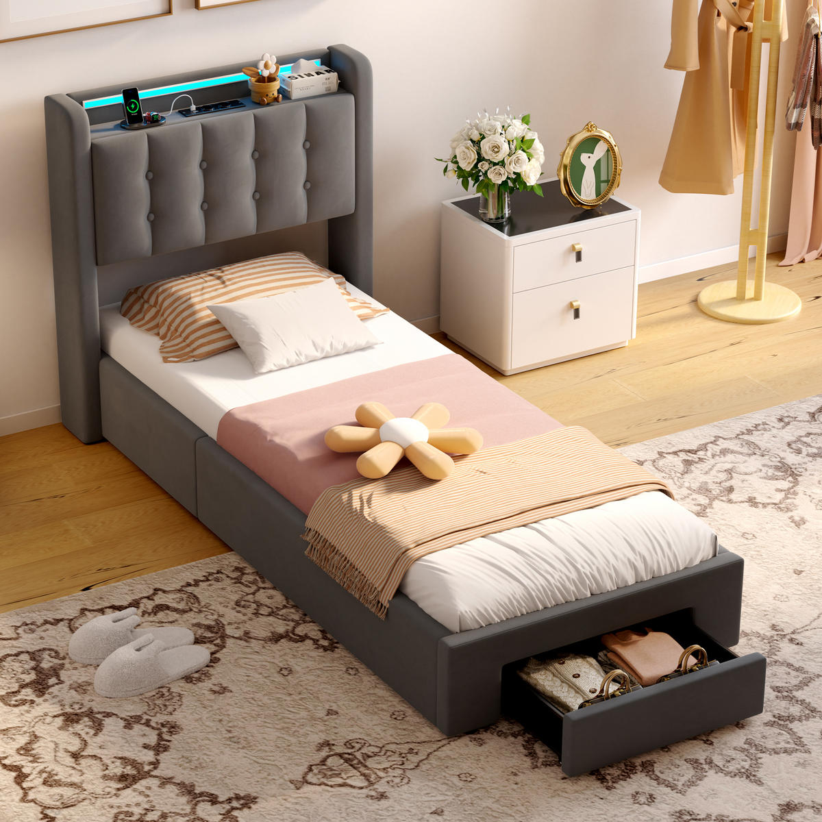 POLSTERBETT aus Samt 90x200 cm Grau mit LED-Beleuchtung & USB-Ladestation mit hydraulischem Stauraum - Grau, Textil (90/200cm) - Modfu
