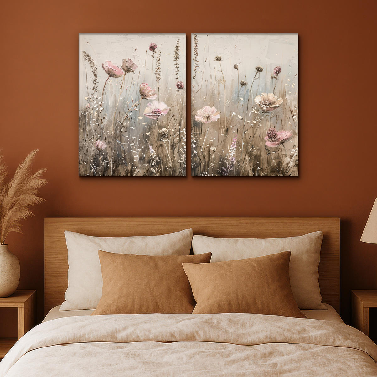 LEINWANDBILD 2er Set Blumen - Beige - Modern - Rosa 120x80 cm - Ecru, Textil (120/80cm) - MuchoWow
