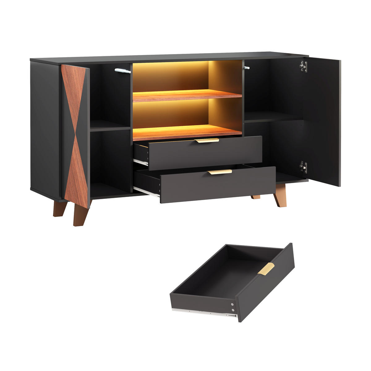 SIDEBOARD DE-38759 150/40/90 cm LED-Beleuchtung und 2 Schubladen Weiß - Schwarz, Holzwerkstoff (150/90/40cm) - ComfortXL