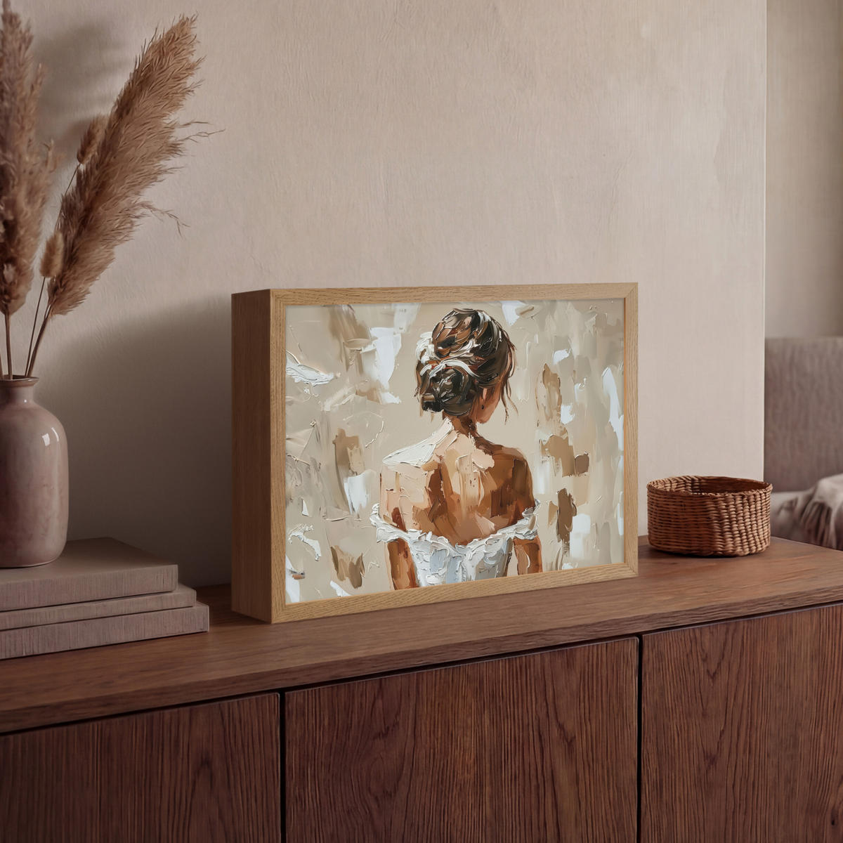 NÁSTĚNNÁ LAMPA S AKUMULÁTOREM Žena - malba - abstraktní - béžová - moderní 40x30 cm - světle hnědá, kompozitní dřevo (40/30/8cm) - OnlyWow