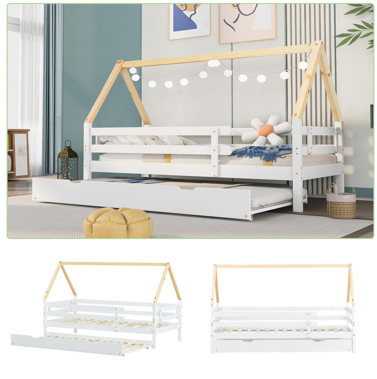 KINDERBETT 90/200 cm in Hausform mit Rollbett aus massivem Kiefernholz - Weiß, Holz (90/200cm) - BEAOK