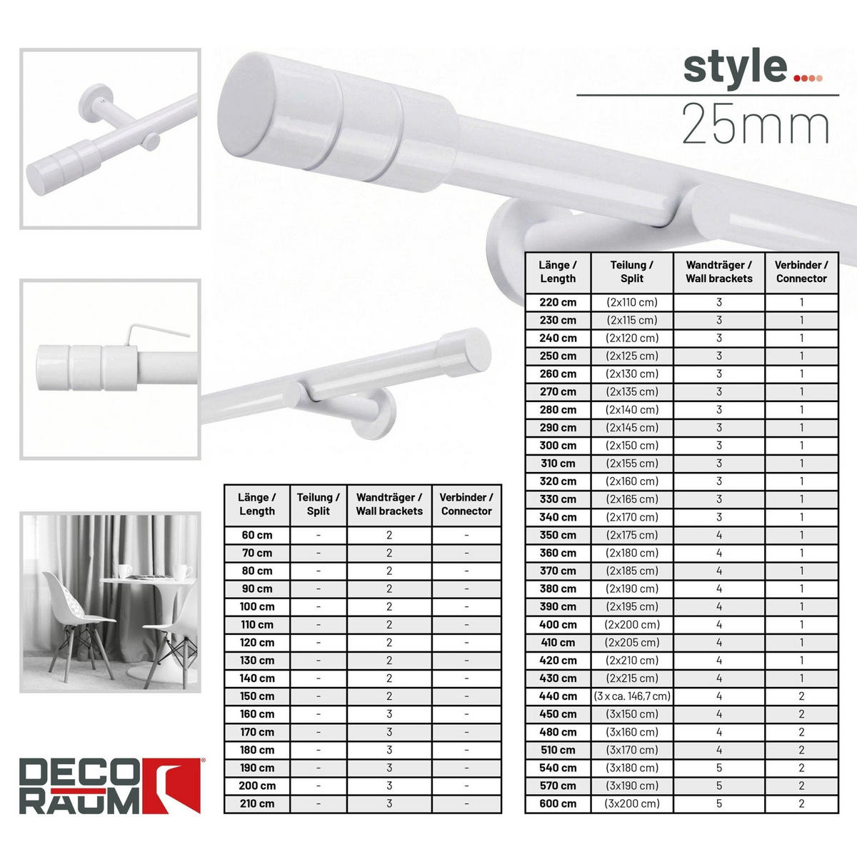 GARDINENSTANGE auf Maß 25mm 1-läufig Weiß mit Zylinder - Serie Style - biela, kov (160cm) - Deco-Raum