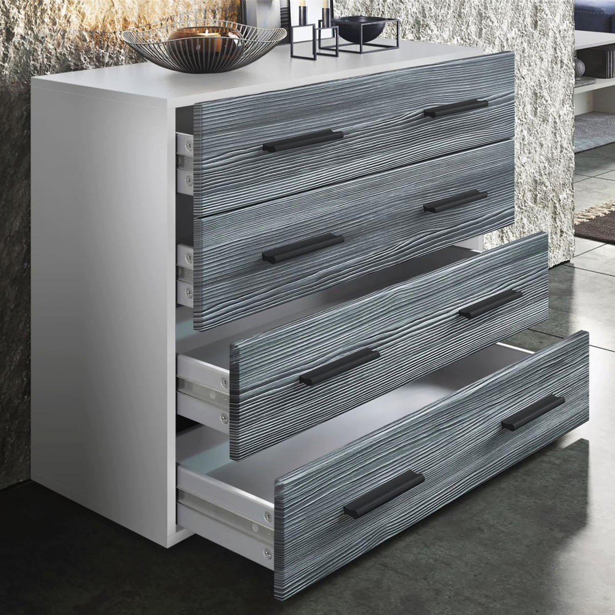 KOMMODE Den, Sideboard mit 4 Schubladen, Made in Germany, Moderner Schrank, Weiß matt / Weiß Hochglanz (76 x 72 x 35 cm) - Weiß Hochglanz, Holzwerkstoff (76/72/33cm) - InnoFurn