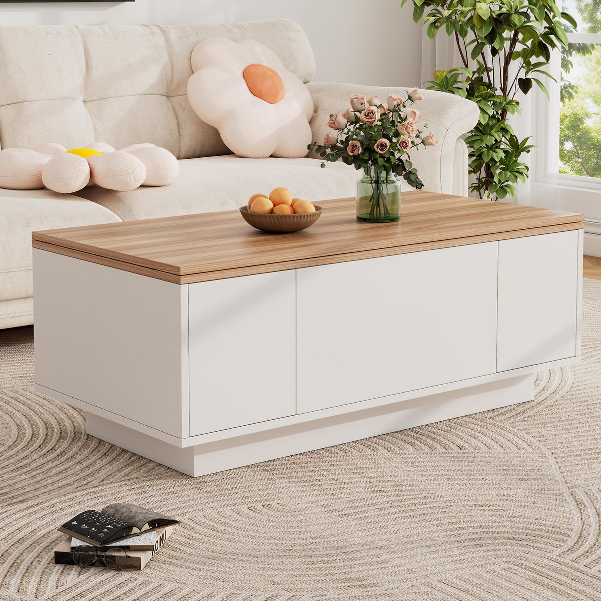 COUCHTISCH aus Spanplatte 100x50x55,5 cm in Weiß mit 2 Hebeplatten - Weiß, Holzwerkstoff (100/50/55.5cm) - Modfu