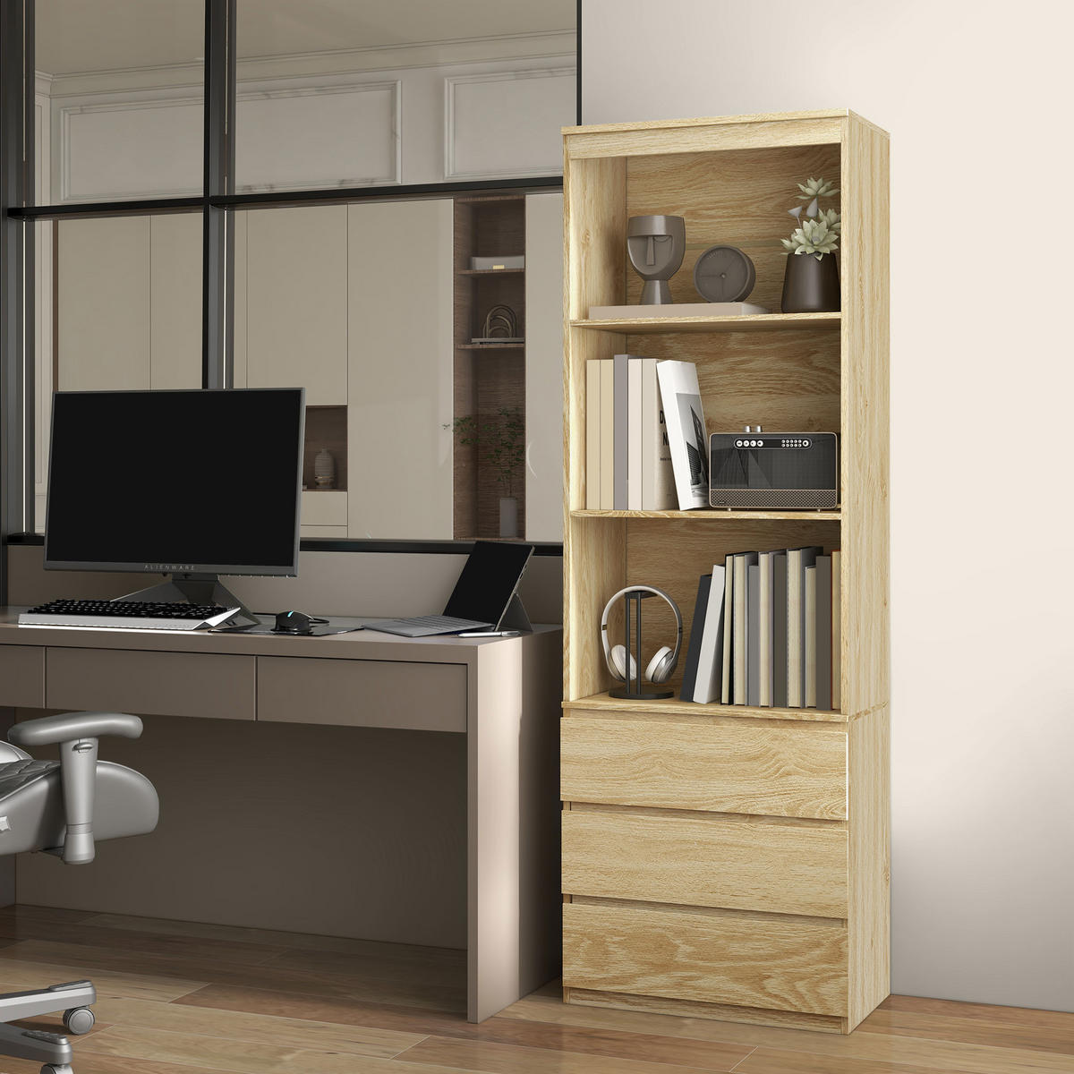 AKTENREGAL DE-14433 180 cm, 3 Böden und 3 Schubladen Holzoptik - Naturfarben, Holzwerkstoff (35/180/60cm) - ComfortXL