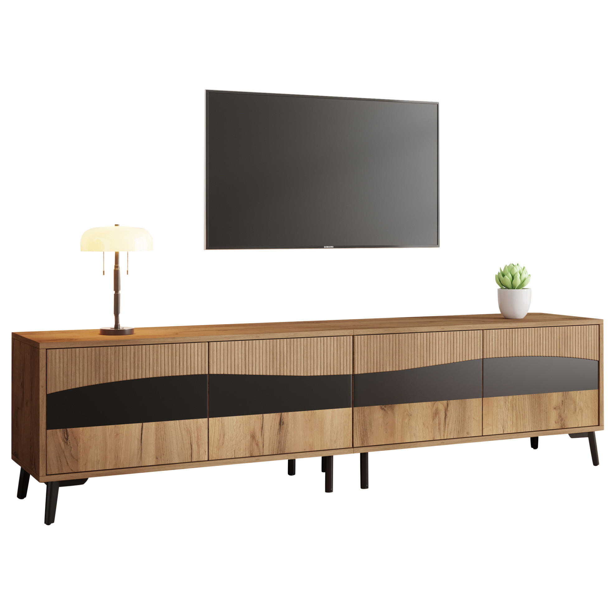 Modfu TELEVIZNÍ stolek z dřevotřísky 180x40x50 cm v přírodní a černé barvě se 4 dvířky a symetrickým designem