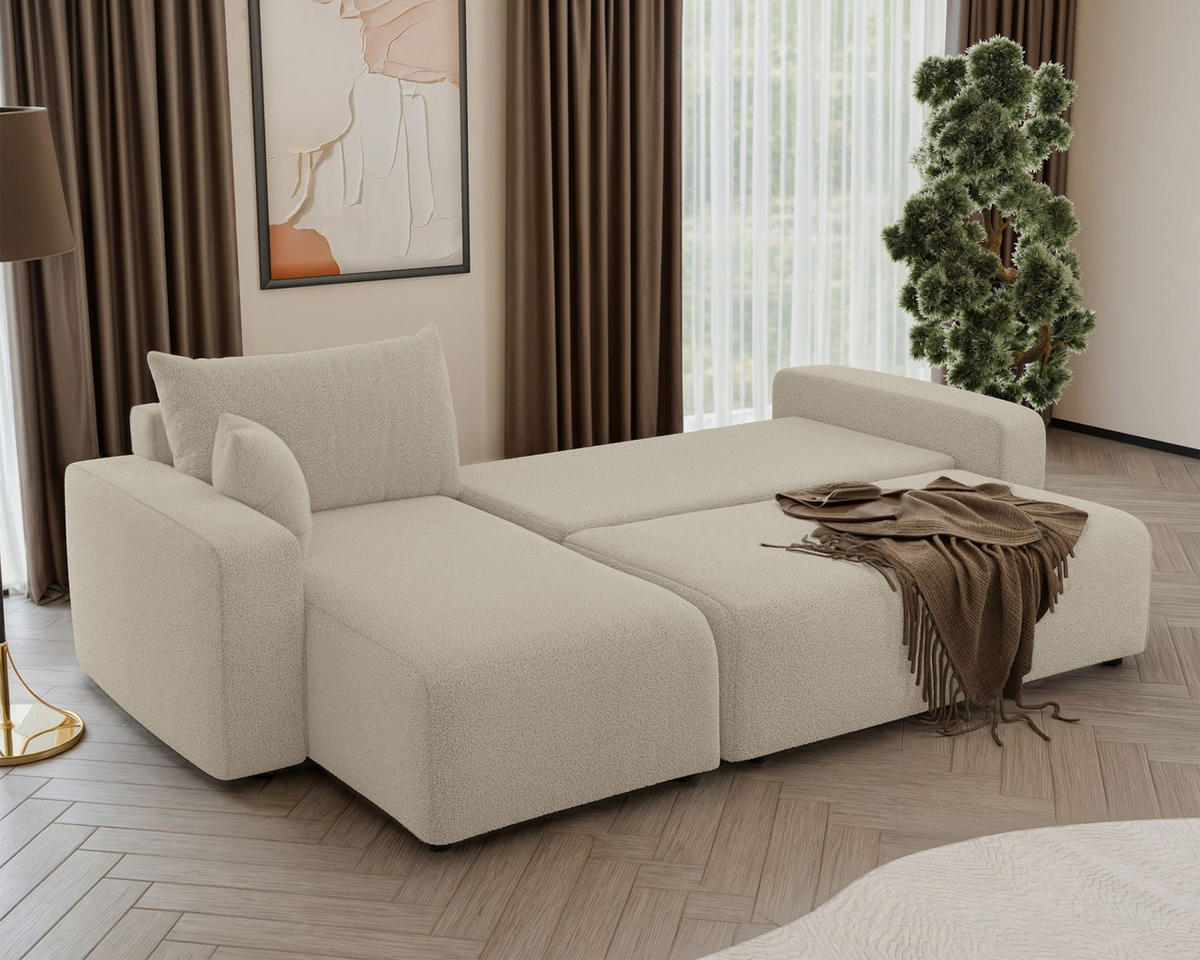 ECKSOFA Pianoni Hellbeige Bouclé-Bezug - Ecru/Schwarz, Kunststoff/Textil (244/140cm) - Selsey