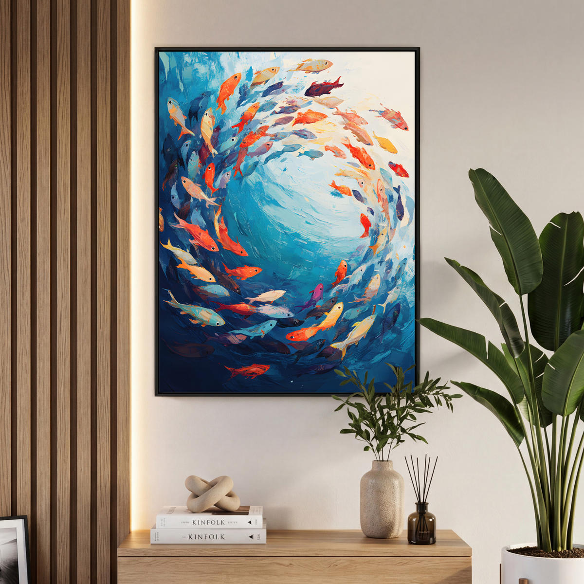 LEINWAND Bilder mit Rahmen - Meer - Fische - Bunt - Dynamisch - 70x100 - Hellblau, Textil (70/100cm) - MuchoWow