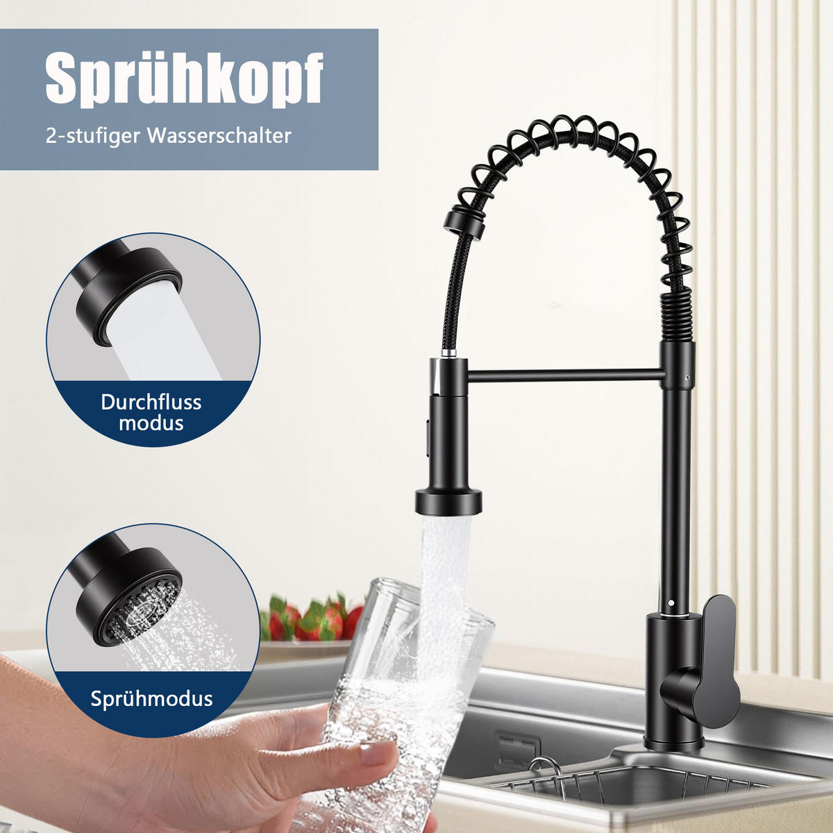 KÜCHENARMATUR Schwarz Feder-Ausziehhahn Warm-Kalt 2 Funktionen - Schwarz, Metall (35/6/42cm) - SHOPENTRA