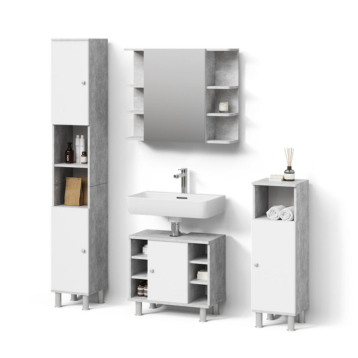 BADMÖBEL-SET Fucino Beton 4 Teile - Weiß/Grau, Holzwerkstoff (60/54/32cm) - Livinity®