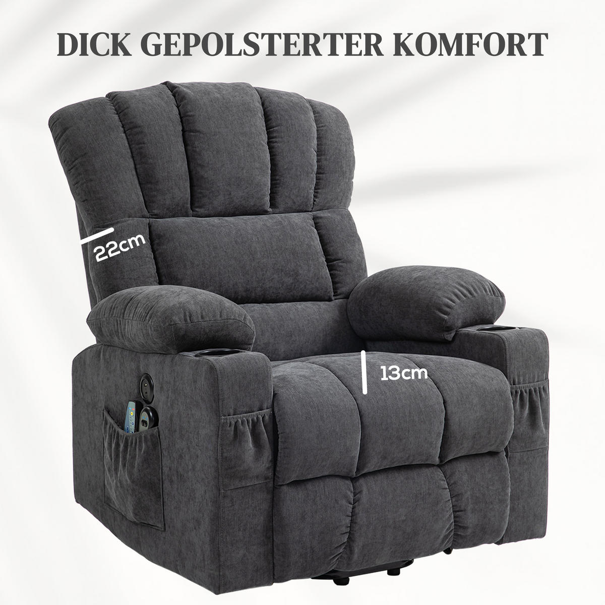 FERNSEHSESSEL mit Aufstehhilfe Relaxsessel mit Liege-, Heiz- und Massagefunktion - Dunkelgrau/Schwarz, Textil/Metall (91/110/93cm) - HOMCOM