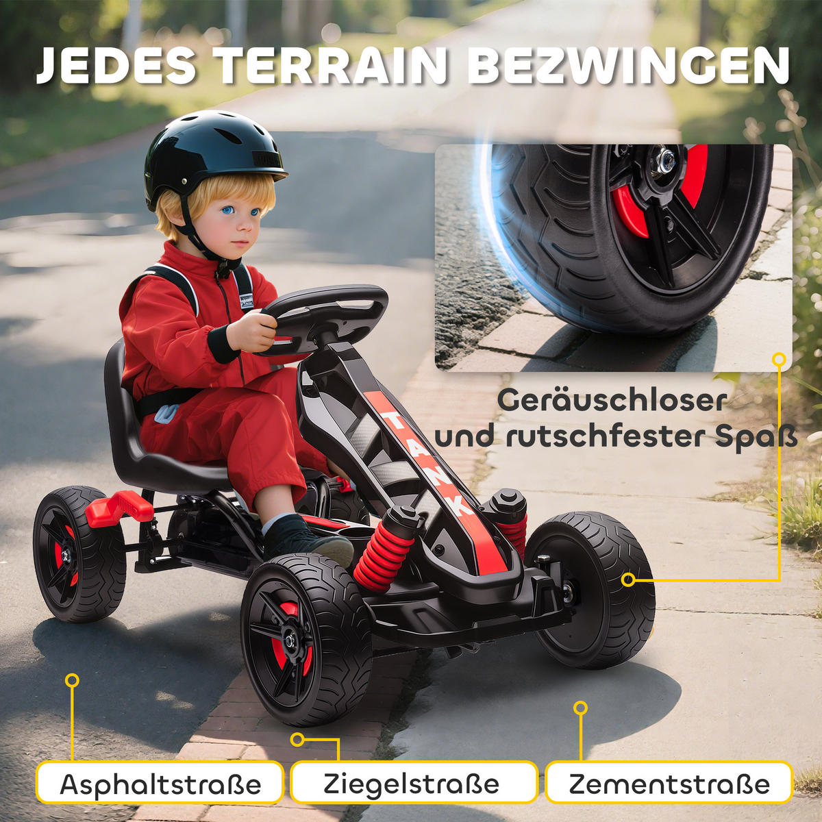 GOKART TRETAUTO mit Handbremse, Automatisches Kupplungssystem, EVA-Räder - Rot, Metall (100/59/60.5cm) - AIYAPLAY