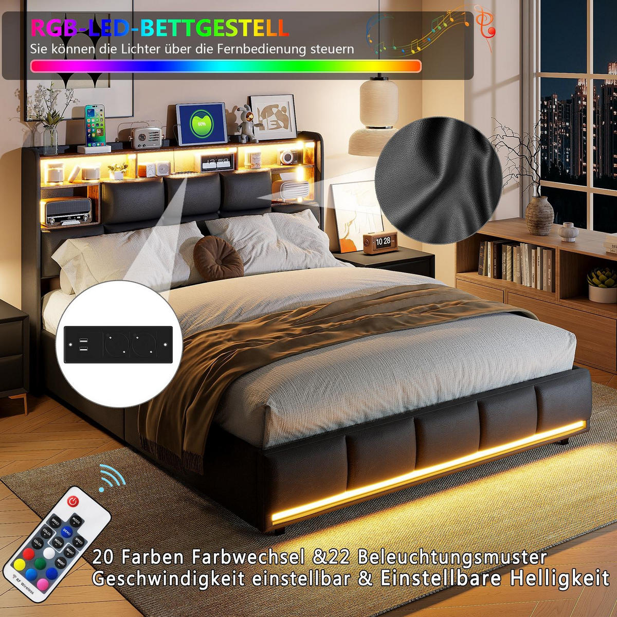 POLSTERBETT 160x200 cm - Hydraulisch - mit LED & Ladestation Kunstleder Schwarz - Schwarz, Textil (140/200cm) - DELFA