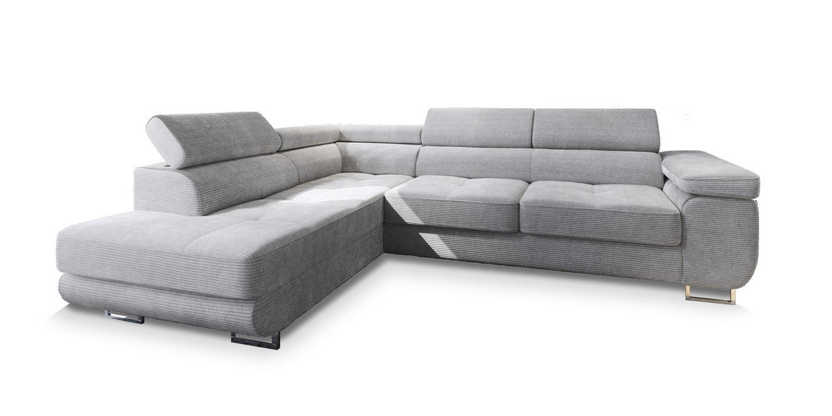 ECKSOFA APIRO L-S Hellgrau Kordstoff mit Schlaffunktion - Hellgrau, Holz (276/202cm) - MASSENO