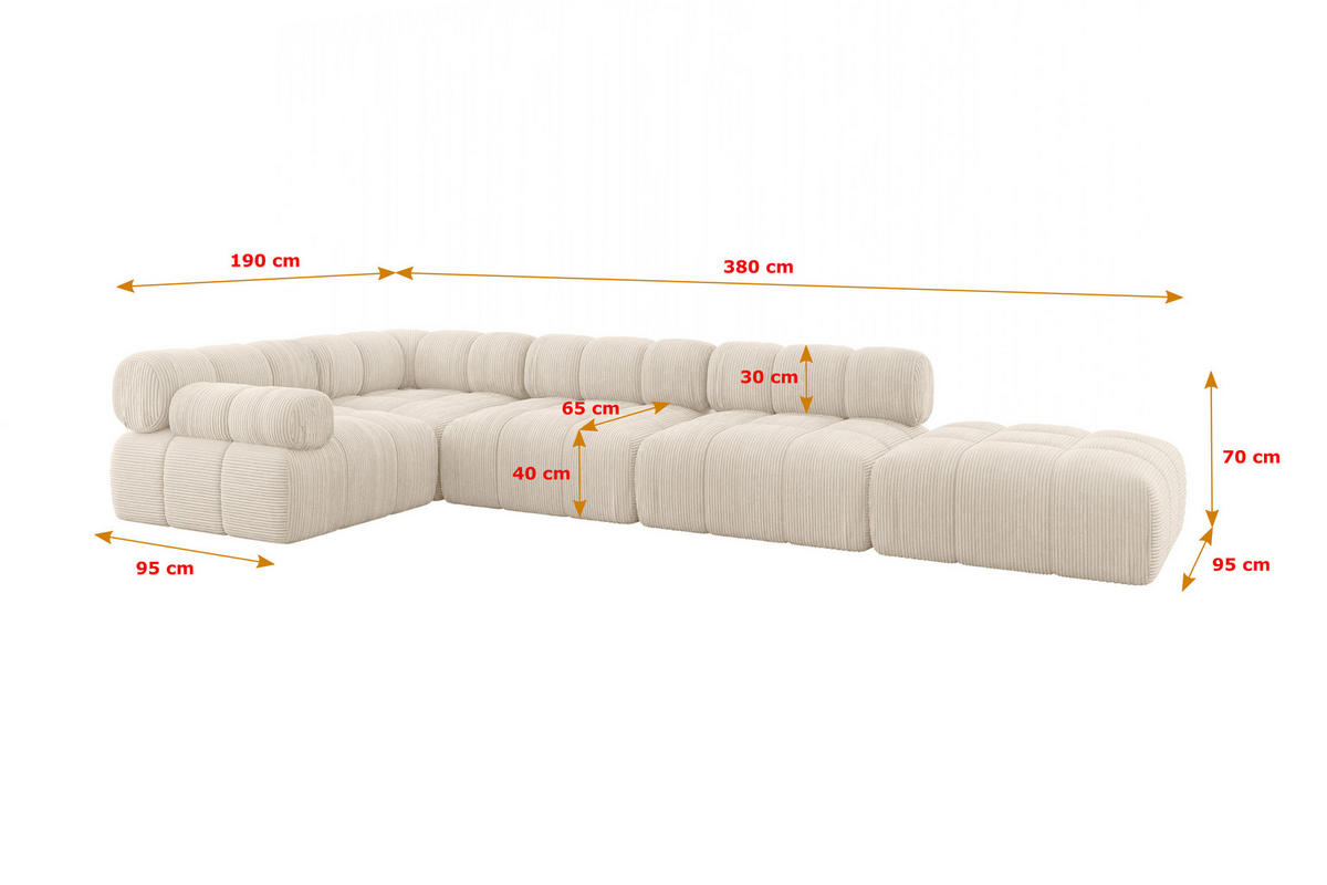 ECKSOFA modulares Sofa Felto-L2 - 380x190x70 cm Beige Cord - Beige, Holzwerkstoff/Textil (380/190cm) - ALTDECOR