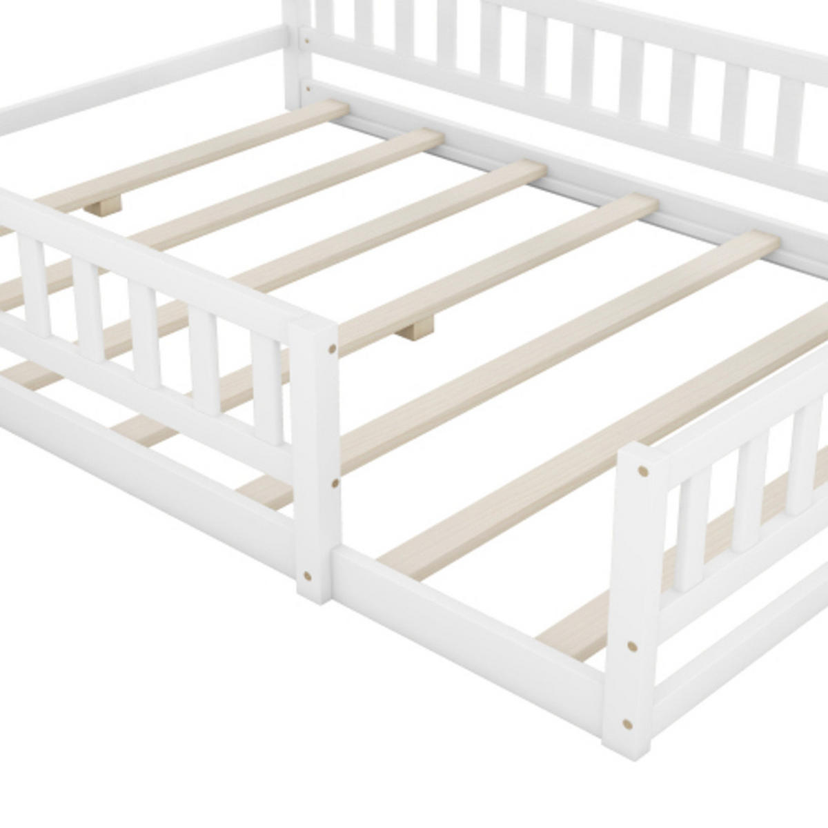 HAUSBETT 140 × 200 cm aus massivem Kiefernholz mit hohem Sicherheitsgeländer und Nachttisch, weiß - Weiß, Holz - Luhomfu