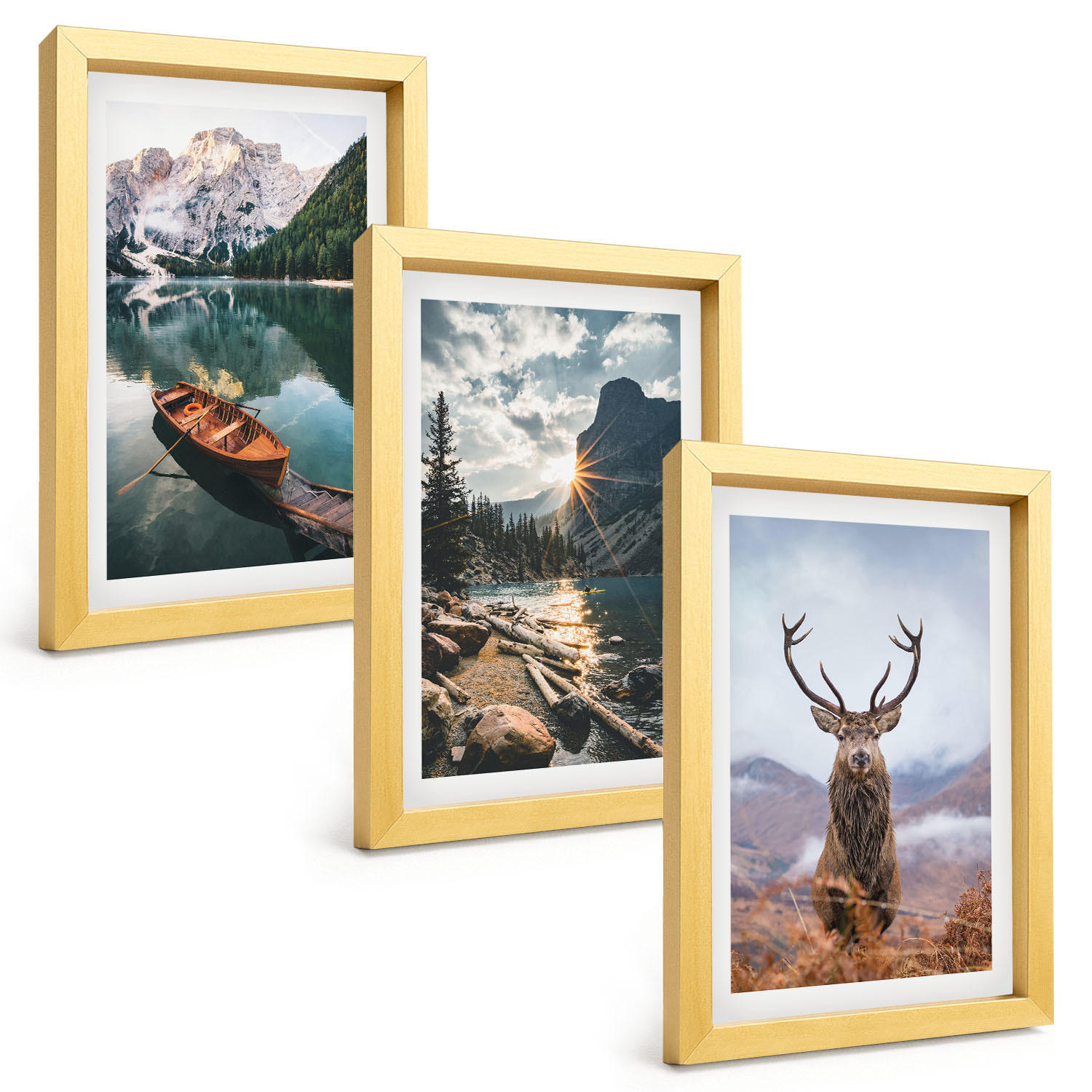 BILDER SET 3er Set - 20x30 cm Goldrahmen - Bergsee, Bootsfahrt, Sonnenuntergang, Hirsche - Goldfarben, Kunststoff (20/30cm) - TULUP