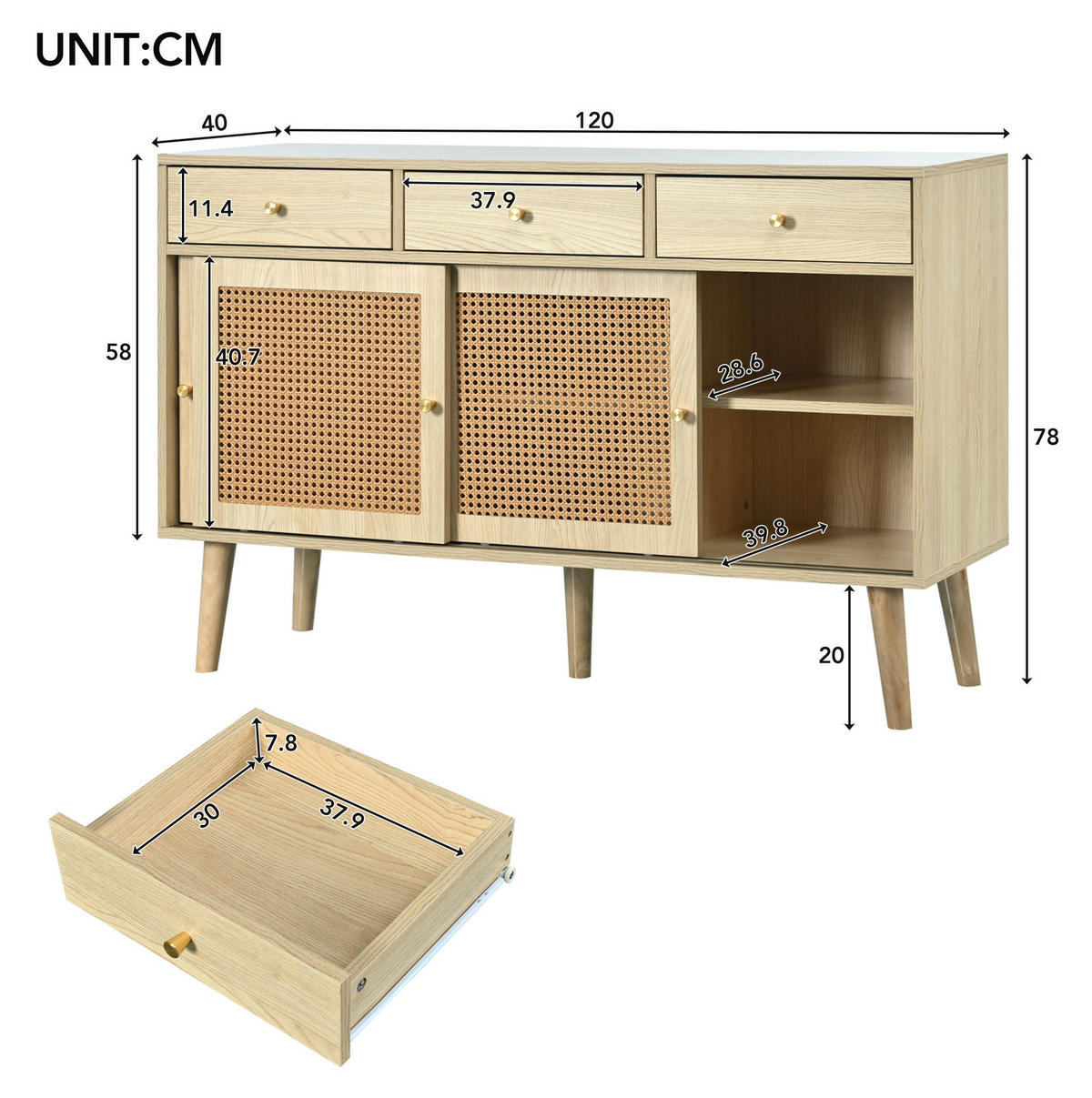 SIDEBOARD 120/40/78 cm mit 3 Schubladen, 3 Schiebetüren & Rattanfronten - Eichefarben, Holzwerkstoff (120/78/40cm) - BEAOK