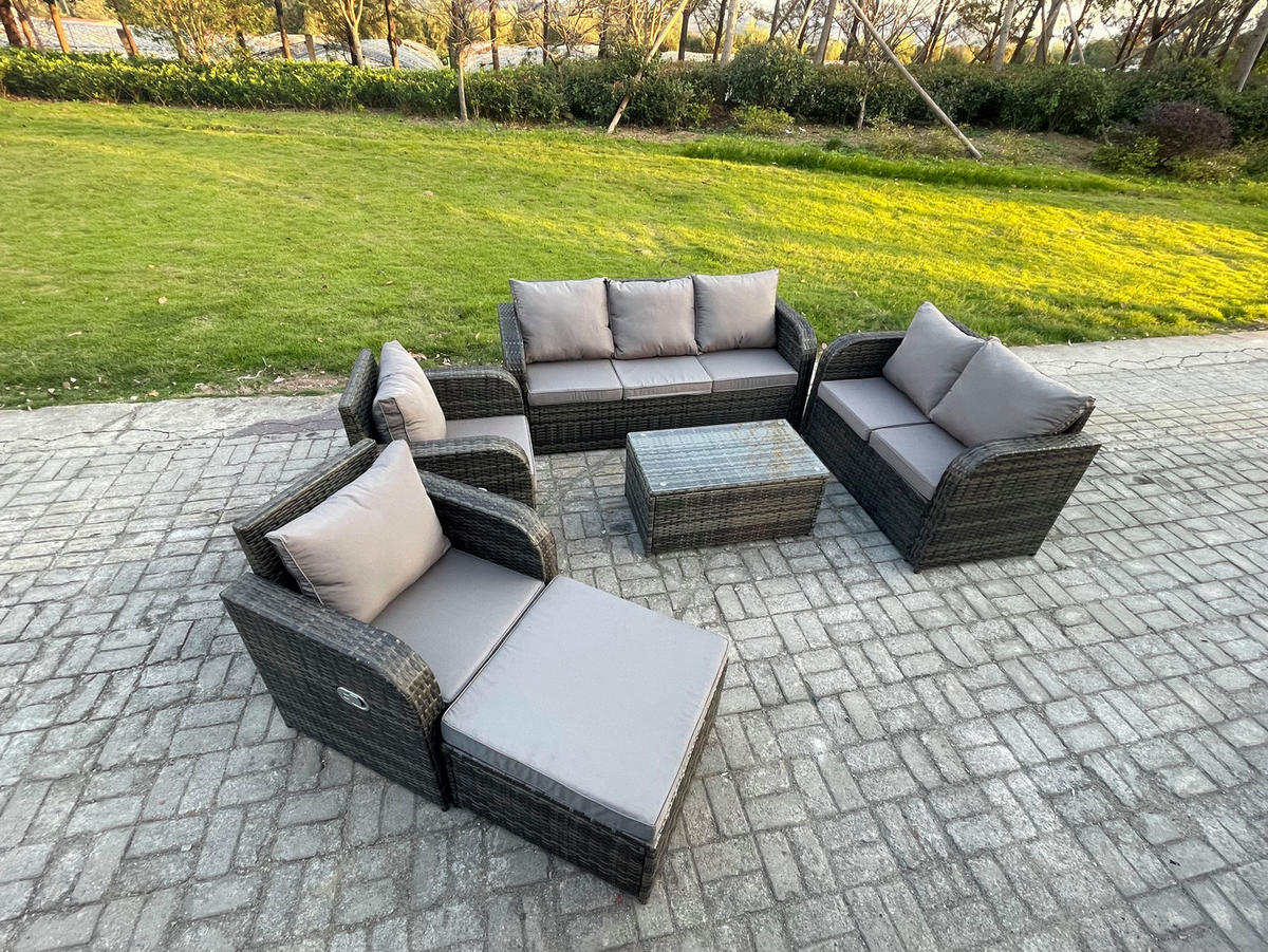 GARTENMÖBELSET mit Couchtisch Polyrattan 8-Sitzer - Dunkelgrau/Grau, Glas/Kunststoff - Fimous