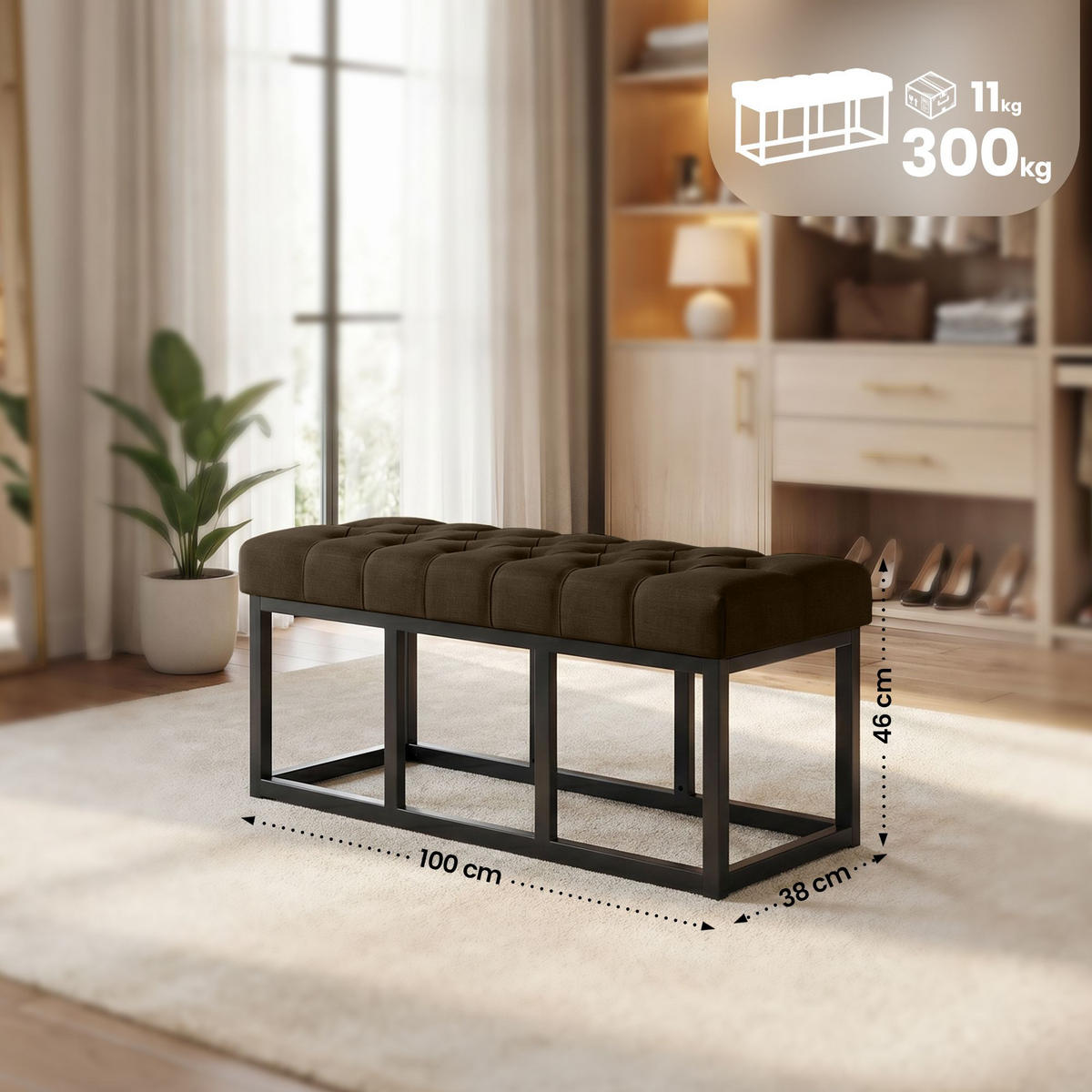 SITZBANK 100/38 cm Stoff Braun - Schwarz/Braun, Textil/Metall (100/46/38cm) - CLP