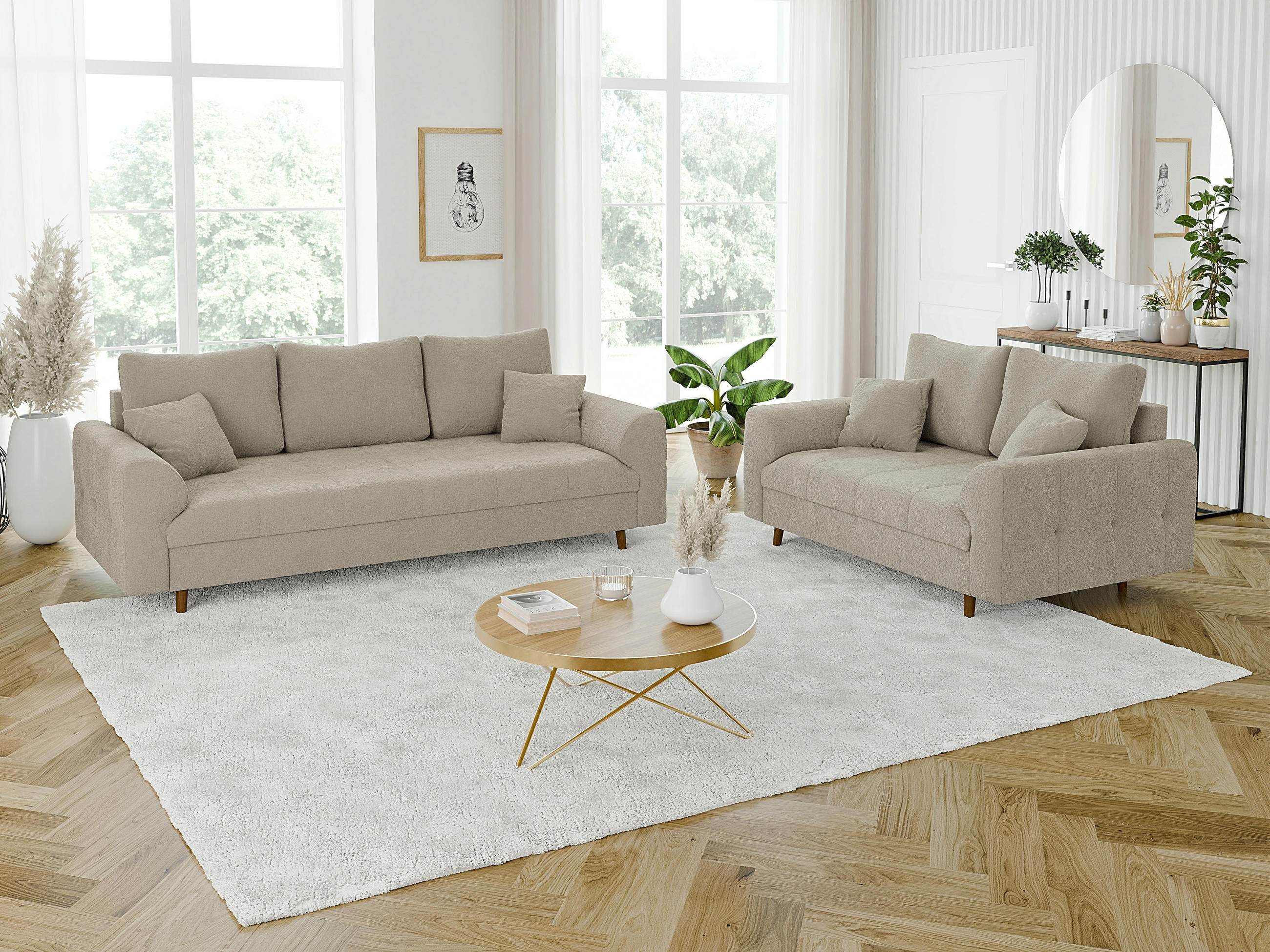 SITZGARNITUR 3+2 Henrik Beige Boucle - Beige/Braun, Holz/Textil (210/81/93cm) - S-Style Möbel