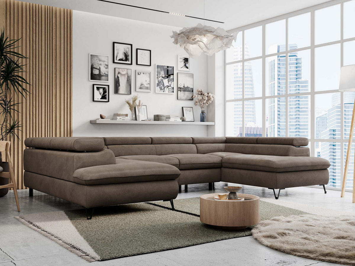 WOHNLANDSCHAFT PETER U Velvet Braun - Schwarz/Braun, Textil/Metall (346/76/208cm) - MKS