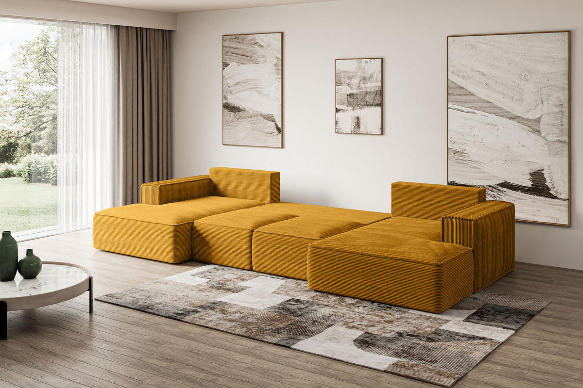 WOHNLANDSCHAFT mit Schlaffunktion und Bettkasten SIERRA-U-S - 349x161x87 cm Senfgelb Cord - Currygelb/Schwarz, Holzwerkstoff/Kunststoff (349/87/161cm) - ALTDECOR
