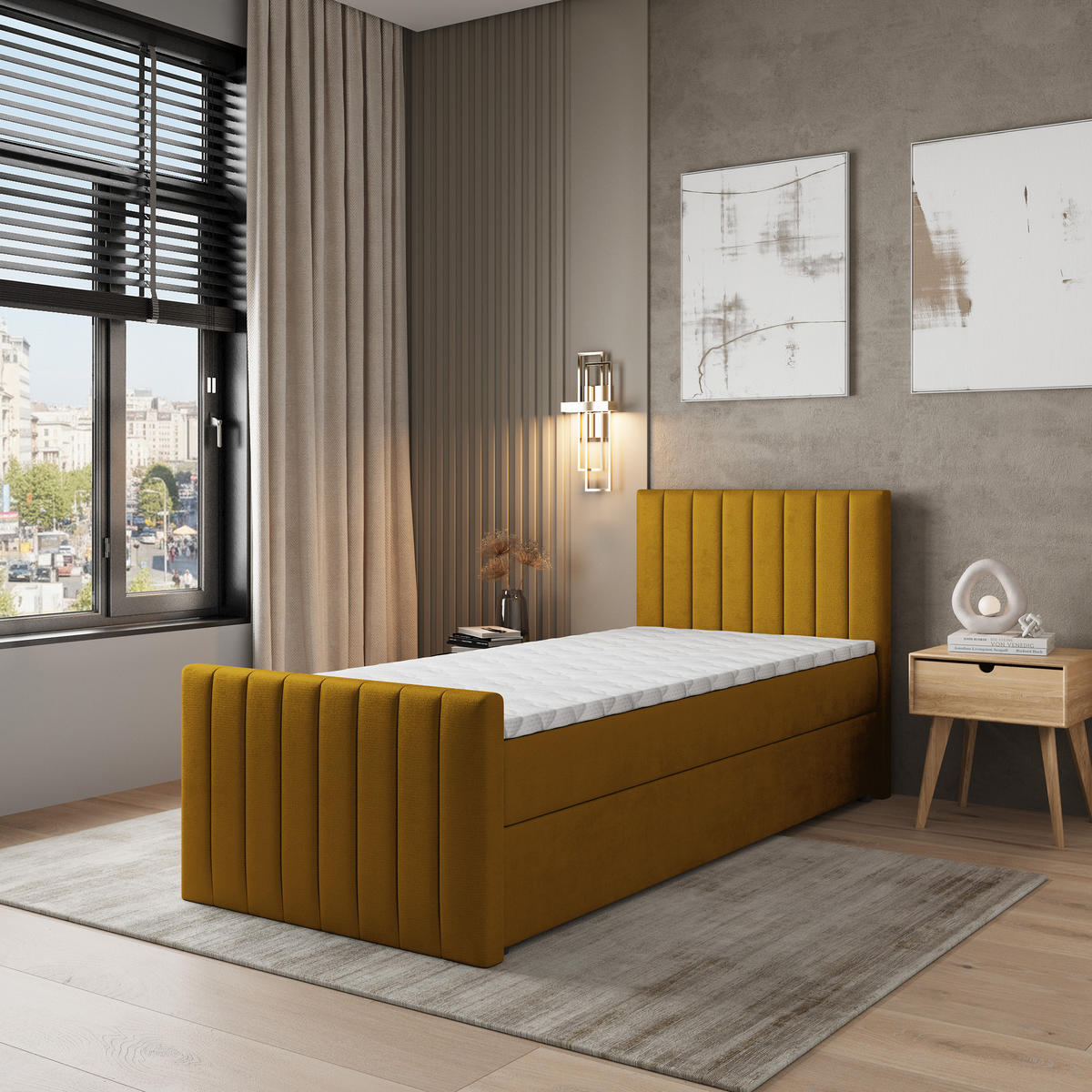 BOXBETT ARION 90 90x200 cm mit Matratze und Topper, H2+H3 - Gelb - Gelb, Holz (90/200cm) - MASSENO